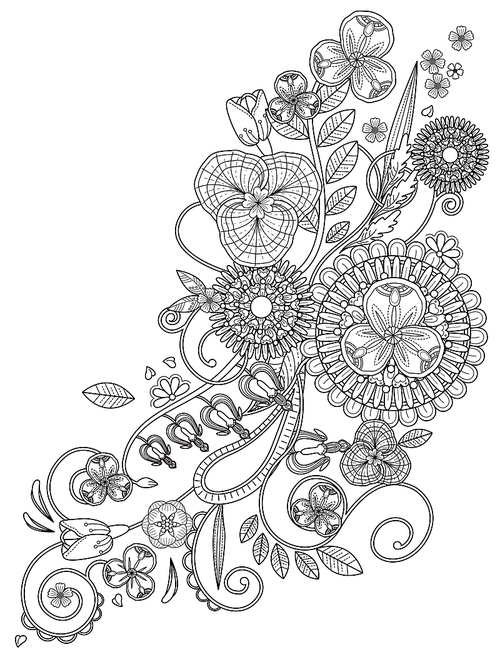 romantic floral coloring page design in exquisite line