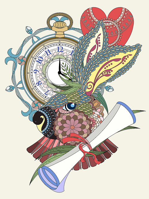 lovely rabbit with clock and letter - adult coloring page