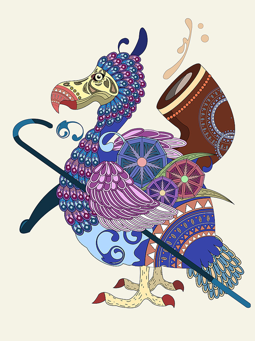 lovely bird with cane and pipe - adult coloring page