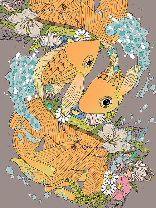 adult coloring page - elegant goldfish couple with floral elements