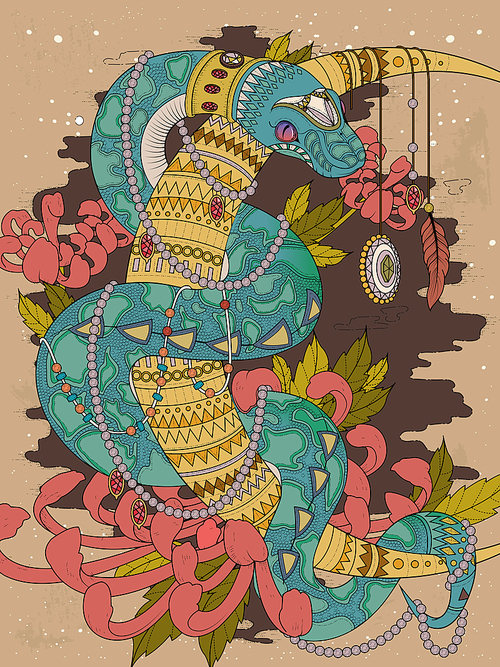 adult coloring page - mysterious snake with jewelries and higanbana