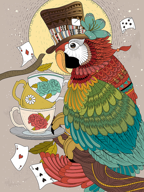 adult coloring page - lovely magician parrot with tea cups