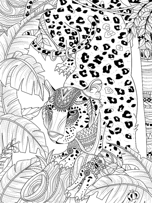 adult coloring page - gorgeous jungle leopard with headwear
