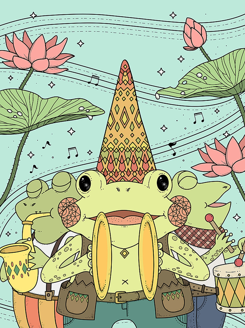 adult coloring page - frogs music band with lotus