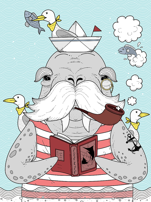 adult coloring page - sailor walrus with seagulls