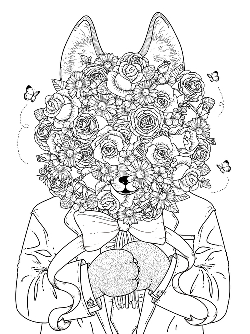 adult coloring page - wolf hides behind roses bouquet