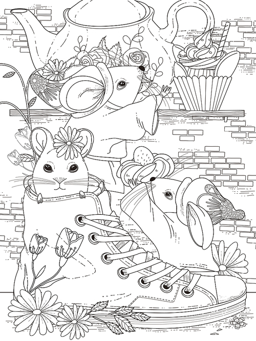 lovely adult coloring page - afternoon tea party for mice