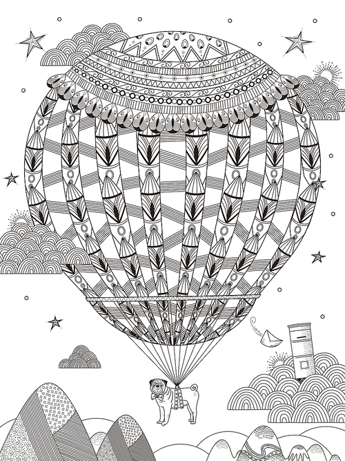 fantasy adult coloring page - pug floats on the starry night by hot air balloon