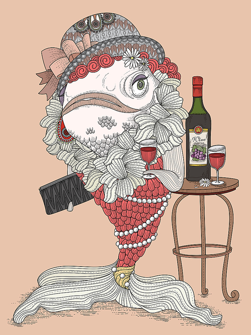 gorgeous adult coloring page - dressed up goldfish in party