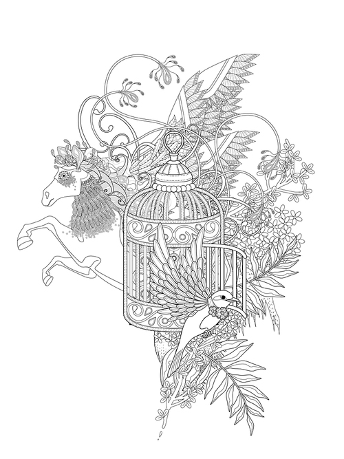 fantastic bird and pegasus adult coloring page with floral elements
