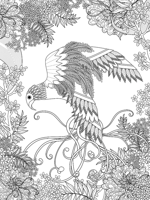 elegant bird coloring page with floral elements