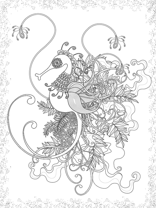 lovely adult coloring page with hippocampus and floral element