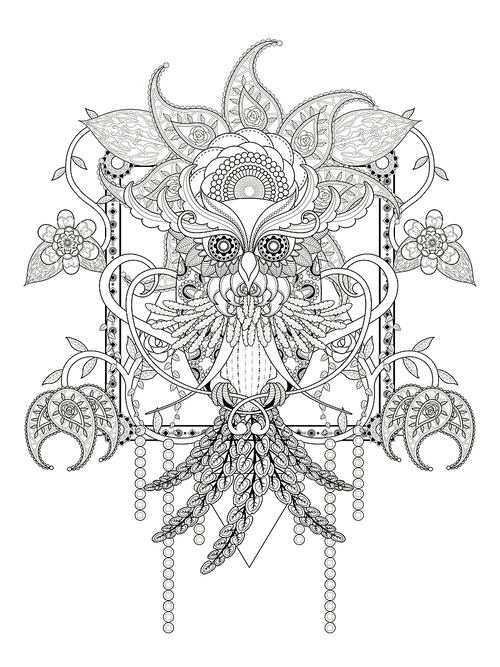 mysterious owl adult coloring page with floral elements