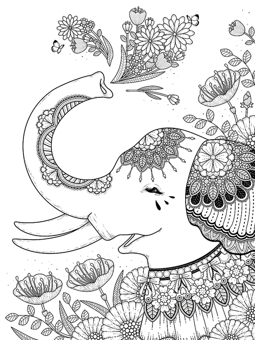 gorgeous elephant with floral - adult coloring page