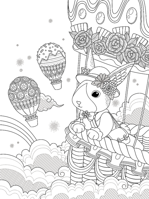 Lovely adult coloring page, miss rabbit takes hot air balloon ride to the sky, anti-stress pattern for coloring.