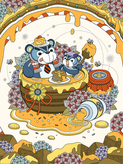 Lovely adult coloring page, foodie bear family enjoy their honey meal