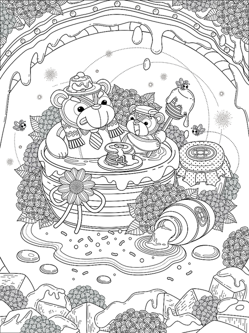 Lovely adult coloring page, foodie bear family enjoy their honey meal, anti-stress pattern for coloring.