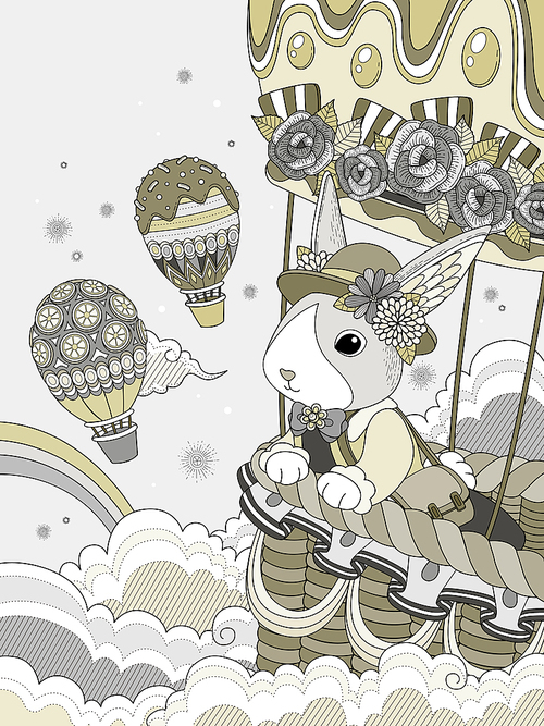 Lovely adult coloring page, miss rabbit takes hot air balloon ride to the sky