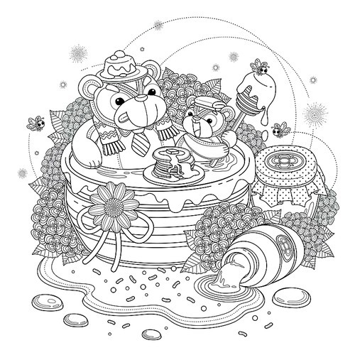 Lovely bear adult coloring page, bears enjoying sweet honey, hydrangea and honey jar elements