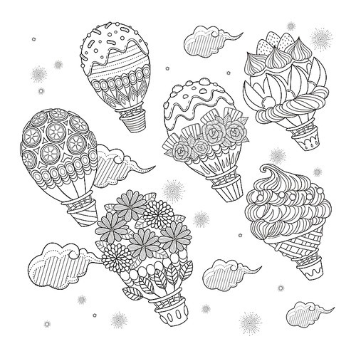 Hot air balloon adult coloring page, lovely sweets decoration hot air balloon floating in the sky.
