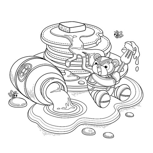 Lovely bear adult coloring page, little bear enjoying sweet honey pancake with fork. Honey drill from glass jar.