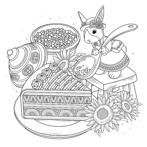 Pastries adult coloring page, delicious snacks page for coloring. Elegant rabbit adding sugar on the cake.