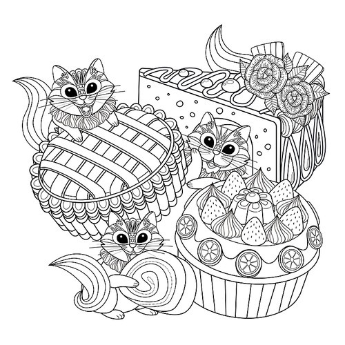 Pastries adult coloring page, delicious snacks page for coloring. Little squirrel or cat are enjoying afternoon.