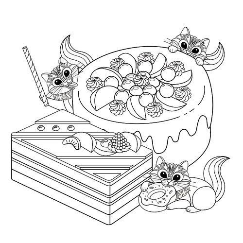 Pastries adult coloring page, delicious snacks page for coloring. Little squirrel or cat are enjoying afternoon.