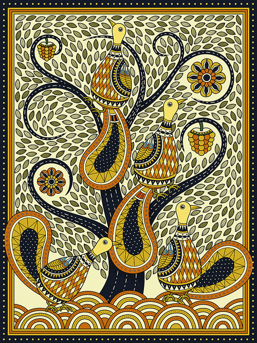 Elegant adult coloring page, peacocks in the whirl tree in autumn color