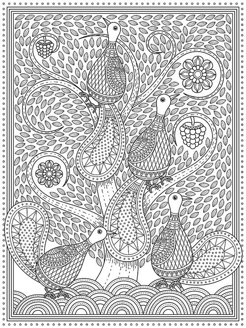 Elegant adult coloring page, peacocks in the whirl tree, anti-stress patten for coloring
