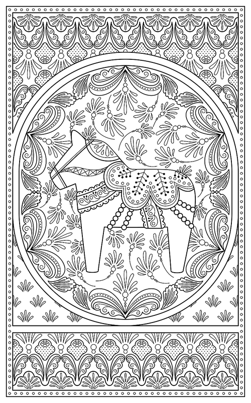 Elegant adult coloring page, retro rocking horse with floral decorations, anti-stress patten for coloring