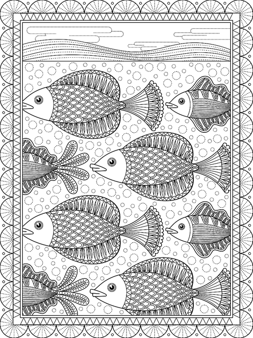Elegant adult coloring page, lovely swimming fish, anti-stress patten for coloring