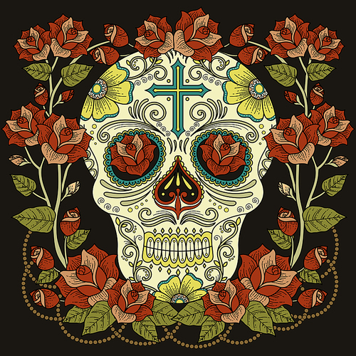 Fantastic adult coloring page, magnificent skull with roses and cross isolated on black background