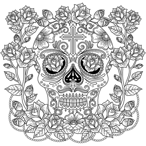 Fantastic adult coloring page, magnificent skull with roses and cross. Anti-stress pattern for coloring.