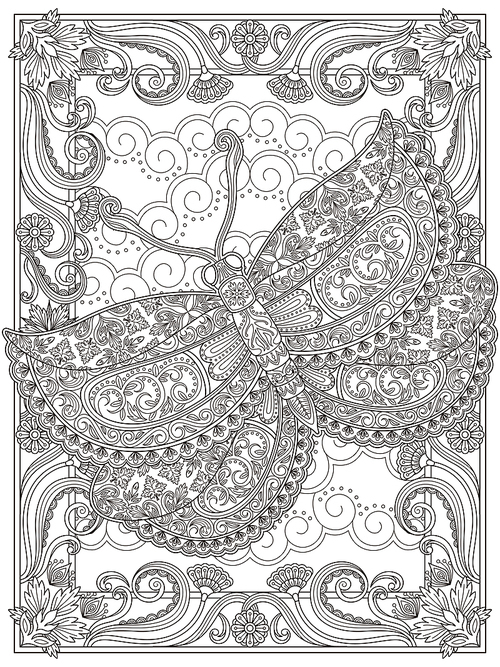 Graceful adult coloring page, magnificent moth with floral decorations. Anti-stress pattern for coloring.