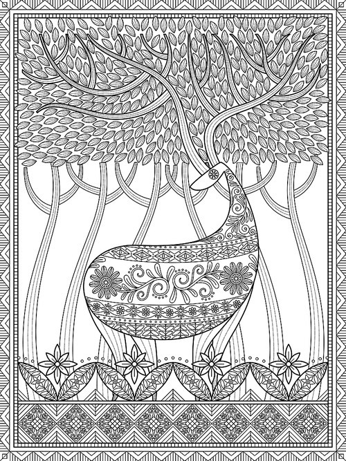 Elegant adult coloring page, deer with big antlers in woodland, beautiful and mysterious forest, stress relief coloring page for you