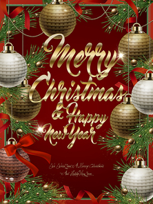 Merry Christmas and happy new year template design with xmas baubles and pine leaves isolated on scarlet , 3d illustration