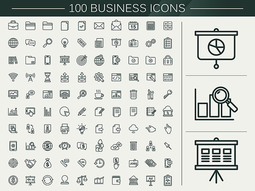100 business line icons set over beige background