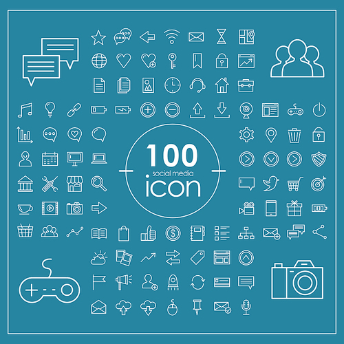 100 social media icons set over blue background
