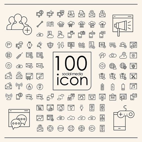 100 social media icons set over beige background