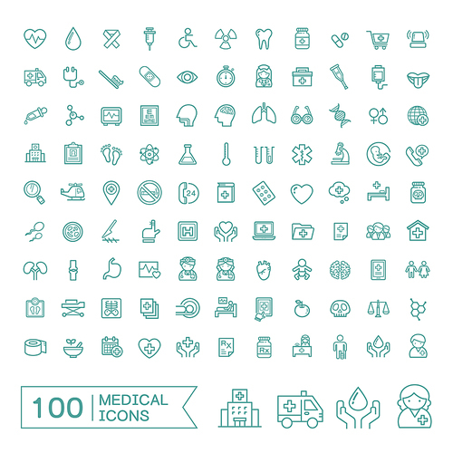 100 medical icons set over white background