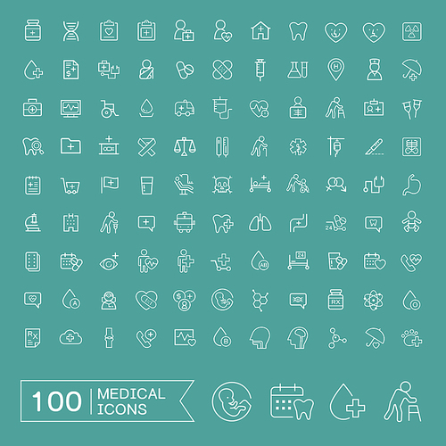 lovely 100 medical icons set over turquoise background