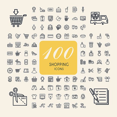 elegant 100 shopping icons set over beige background