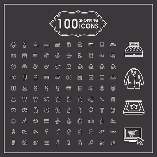 elegant 100 shopping icons set over dark background