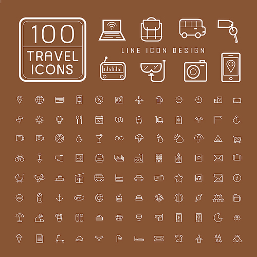 lovely 100 travel icons set over brown background