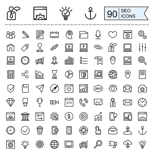 SEO icons collection in thin line style over white background