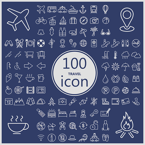 travel concept icons collection in thin line style over blue background