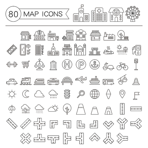 eighty map icons collections set in thin line style
