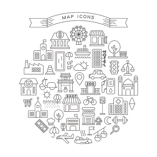 map icons collections set in thin line style