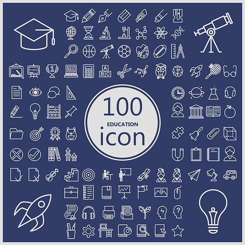 100 education icons collections set in thin line style